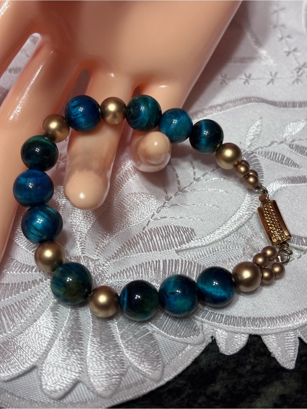 Blue Green Tigereye Bracelet with Gold Accents 7.5 inches